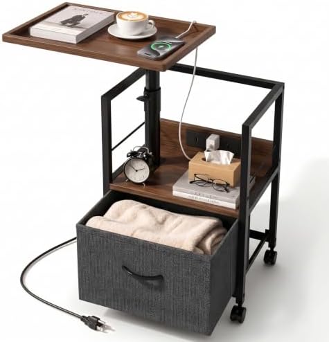Faesun Night Stand with Charging Station & Swivel Tray Top, Walnut Gray