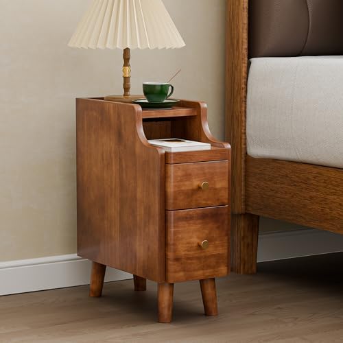 Nightstand, Pre-Assembled, 19.7“H Solid Wood Night Stand with 2 Drawers, Open Sliding Shelf, Mid Century Modern Small Bedside Table for Bedroom, Walnut 8"