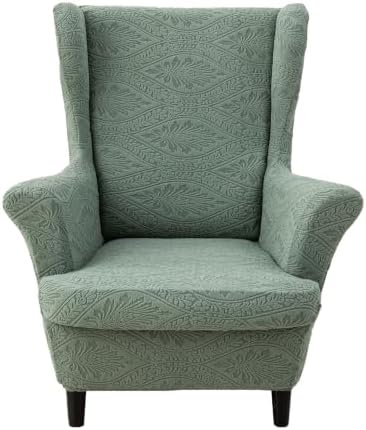 HZDHCLH Wingback Chair Slipcovers 2 Piece Stretch Spandex Chair Covers Washable Armchair Protector with Elastic Fit for Living Room Bedroom Green Embossed Leaf Pattern