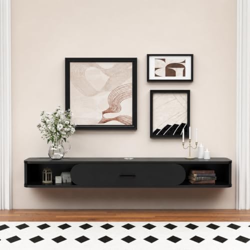 GHC Floating TV Stand, 65'' Wall Mounted TV Cabinet, Floating Shelves with Door, Media Console for DVD Player, Space-Saving Under TV Shelf for Bedroom & Living Room (Black)