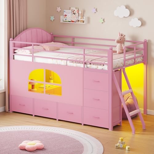 DICTAC Low Loft Bed Twin Size with 8 Storage Drawers, LED Lights, Twin Loft Bed with Upholsterd Headboard, Inclined Ladder&Play Curtain, Kids Loft Bed with Safety Guardrail, Under-Bed Play Area, Pink