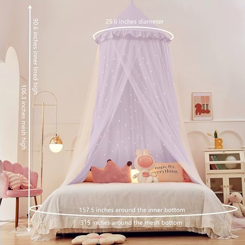 Princess Bed Canopy for Girls, Double Layer Canopy Fits Twin/Full Bed - Fairy Bed Tent for Kids Room Decor(with Cutout Stars,Purple)