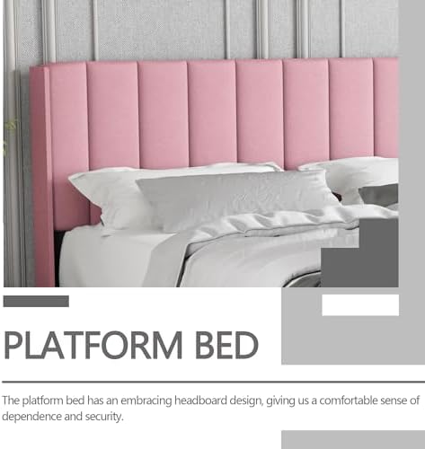 Full Size Bed Frame with Velvet Upholstered Headboard, Pink