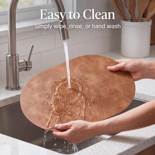 Oval Placemats Set of 4, Wipeable Faux Leather, Light Brown
