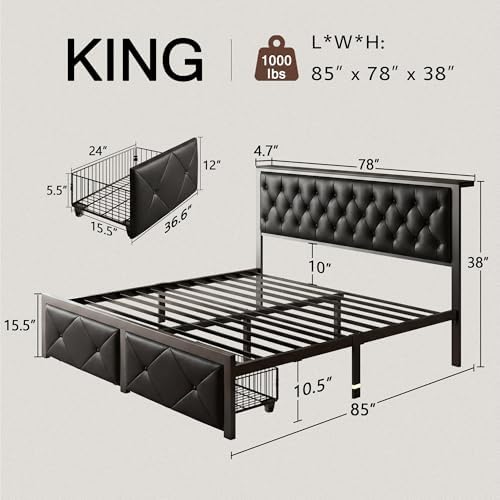 Einhomn King Bed Frame with Storage Drawer, Metal Platform Bed with Charging Station, Upholstered Faux Leather Button Tufted Storage Headboard, No Box Spring Needed, Noise-Free, Easy Assembly, Black