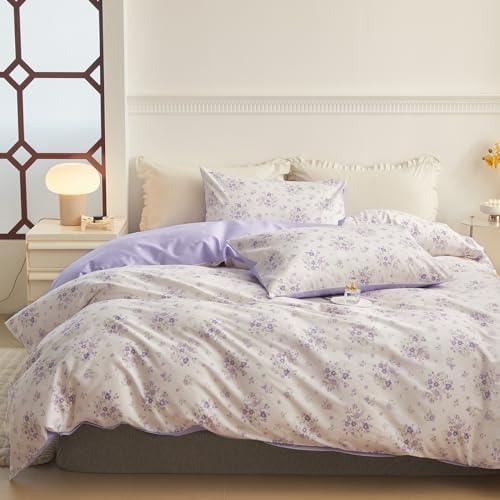 Purple Flower Duvet Cover Set Twin Cotton 3 Pcs Girls White Lavender Comforter Cover with Zipper Closure,Romantic Duvet Cover + 2 Pillowcases for Spring
