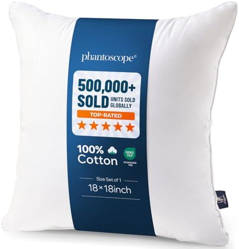 Phantoscope Throw Pillow Insert with 100% Cotton Cover, 18x18 Inch, 1 Pack