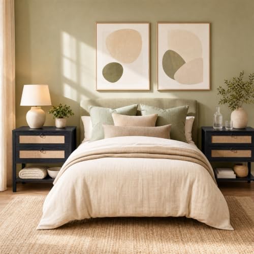 GIANTEX Rattan Nightstand Set 2 with 2 Drawers, 27" Wide Boho Bedside Table