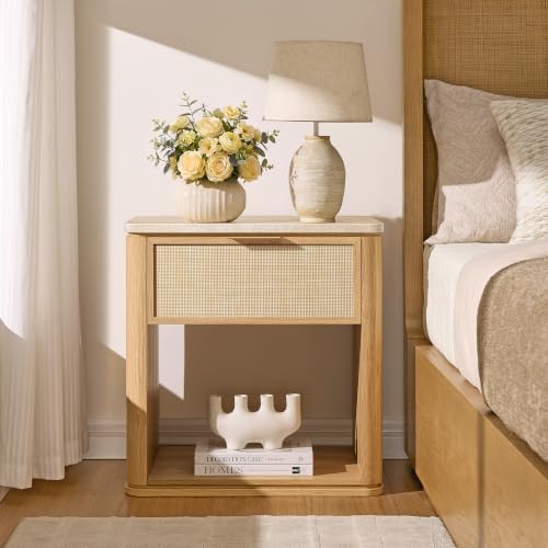 Night Stand, Rattan Nightstand with 1 Drawer&Open Shelf