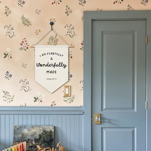 Wheatwin Christian Nursery Decor, I Am Fearfully and Wonderfully Made Wall Hanging Pennant Flag Banner, Bible Verse Wall Decor for Kids Nursery Toddler Room Bedroom Playroom 15x11 Inch