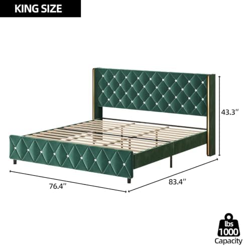 HOMBCK King Bed Frame with Velvet Headboard, Goldside Wingback, Green