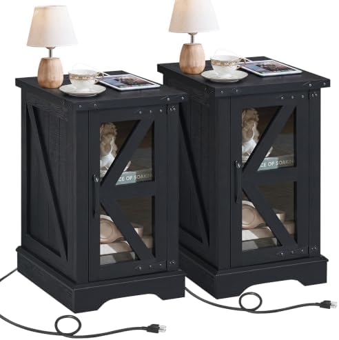 Joaxswe Narrow Night Stand Set 2 with Charger Station, Glass Barn Door