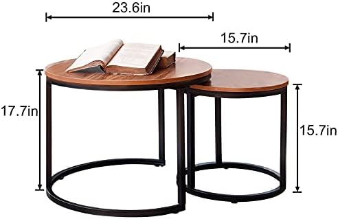 aboxoo Coffee Table Nesting Side Round Set of 2 End Table Top Sturdy Metal Frame Desk Centerpiece Living Room Bedroom Apartment Modern Industrial Simple Nightstand