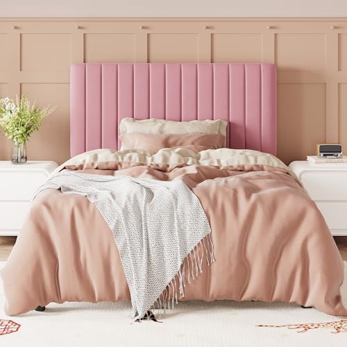 Allewie Twin Bed Frame, Velvet Upholstered Platform Bed with Adjustable Vertical Channel Tufted Headboard, Mattress Foundation with Strong Wooden Slats, Box Spring Optional, Easy Assembly, Pink
