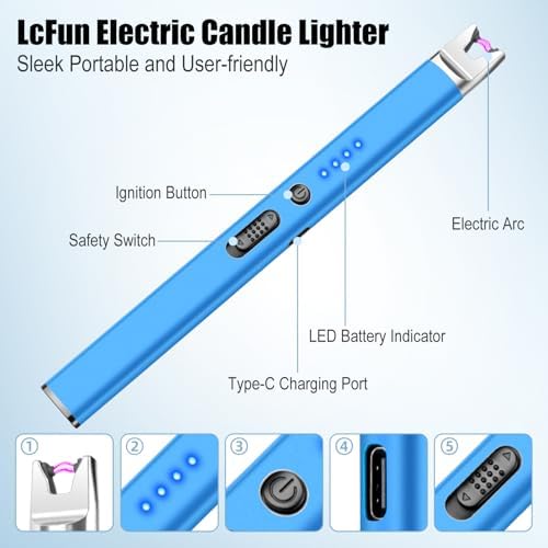 LcFun 2 Pack Blue Candle Lighter Electric USB Rechargeable Plasma Arc Lighter with Safety Lock, Windproof Flameless Long Lighters for Candle, Grill, BBQ, Camping, Gas Stoves