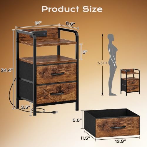 Huuger Nightstands Set of 2, Night Stand with LED Lights, Charging Station