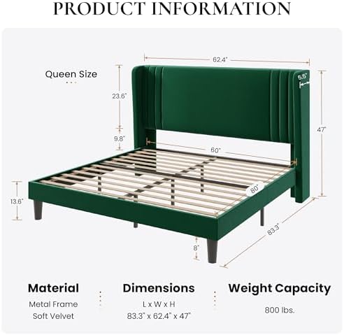 SHA CERLIN Queen Velvet Upholstered Bed Frame, Wingback Headboard, Green