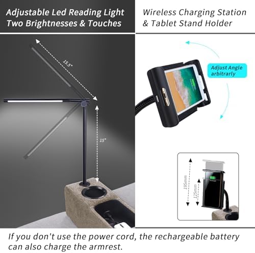 Multifunctional Sofa Armrest, Couch Armrest with Cup Holder, Removable Sofa Caddy with Storage,Equipped with LED Reading Light&Wireless Charge Stand, Brown