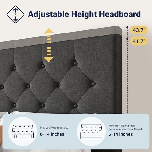 Allewie Full Size Storage Bed Frame with 4 Underbed Drawers, Upholstered Platform Bed with Adjustable Headboard, Diamond Button Tufted, Easy Assembly, Noise-Free, No Box Spring Needed, Dark Grey