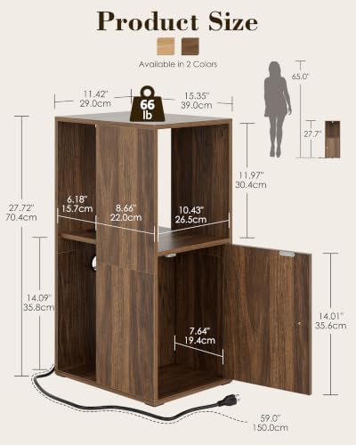 Narrow End Table, 27.6" Nightstand with Charging Station, Walnut