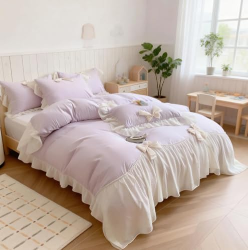 IHOUSTRIY Duvet Cover Twin Size, Ruffle Beddding Set with Bowtie, 2 Pieces Comforter Cover Set with Zipper Closure, Girl Princess Bedding with Pillowcase - Light Purple, Twin