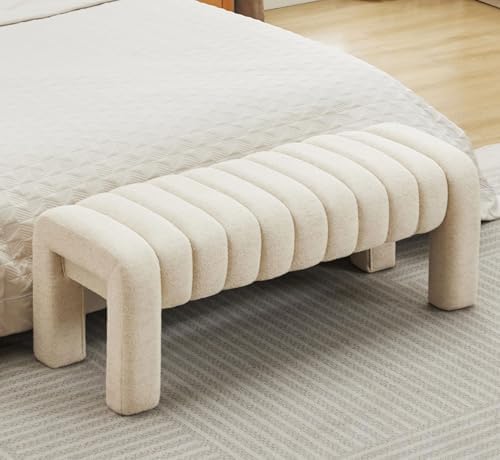 43.3" End of Bed Bench, Upholstered Linen Bench, Beige