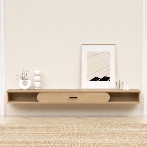 GHC Floating TV Stand, 75'' Wall Mounted TV Cabinet, Floating Shelves with Door, Media Console for DVD Player, Space-Saving Under TV Shelf for Bedroom & Living Room (Oak)