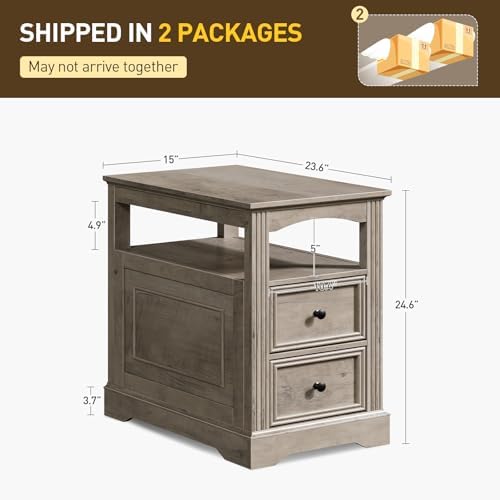 RALGEND Farmhouse End Table with 2 Drawers Set of 2, Greige