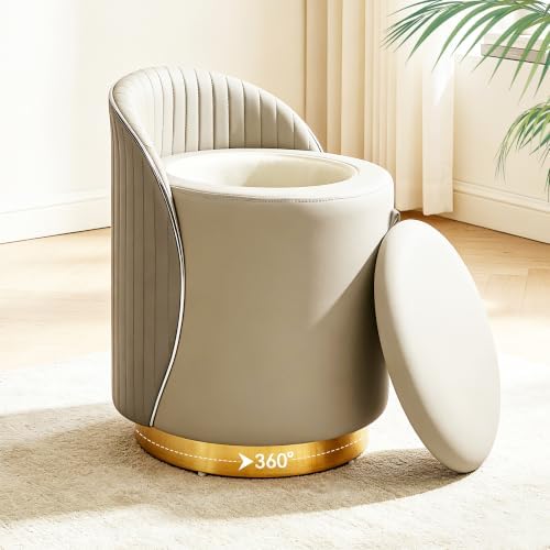 Vanity Chair with Storage, Leather Vanity Stool, 360° Swivel Makeup Chair with Back, No Assembly Upholstered Accent Chairs Stool for Bedroom, Dressing Room, Living Room, Grey