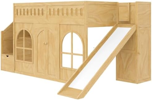 SOFTSEA Twin Size Kids Loft Bed with Slide and Storage Stairs, Natural
