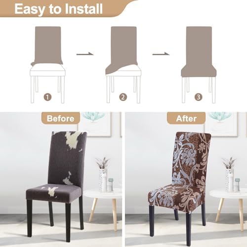 SearchI Dining Room Chair Covers Set of 6, Stretch Printed Parsons Chair Slipcovers Removable Washable Kitchen Chair Protector Cover for Dining Room, Hotel, Ceremony (Brown+Flower)