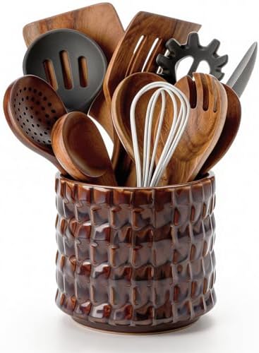 Utensil Crock Kitchen Utensil Holder, 5 Inches Small Ceramic Utensil Holder for Countertop, Unique Embossed Checkered Pattern, Cooking Utensil Crocks for Kitchen, Home Decor Gift 1 PC Plum Bronze