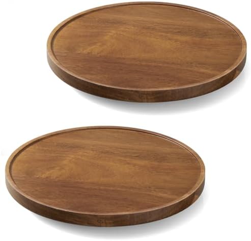 2 Pack 10" Acacia Wood Lazy Susan Turntable Organizer for Cabinet, Round Serving Tray Decorative Tray Vintage Centerpiece Candle Holder Tray, Farmhouse Tray for Kitchen Countertop Coffee Table Decor