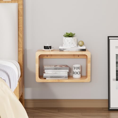 Bamboo Floating Nightstand with Storage Drawer and Modern Open Shelf Cubby，Bedroom, Living Room, Kitchen, Tool Room for use.