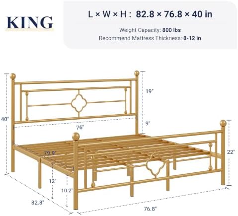 Allewie King Size Metal Platform Bed Frame, Victorian Headboard, Gold