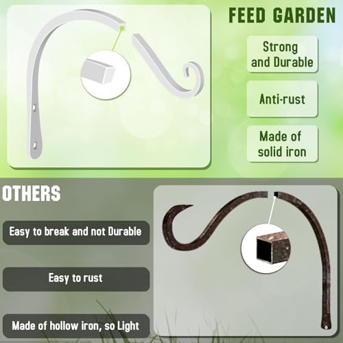FEED GARDEN Heavy Duty Plant Hooks - 2 Pack 8 Inch Wall Mounted Hanging Brackets, 44lb Capacity Steel Plant Hangers for Bird Feeders, Baskets, Wind Chimes Outdoor Indoor- White