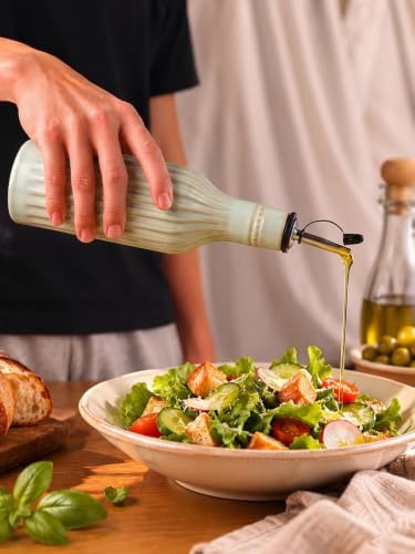 Ceramic Olive Oil Dispenser, 14 oz Vinegar Olive Oil Cruet (Vintage Green)
