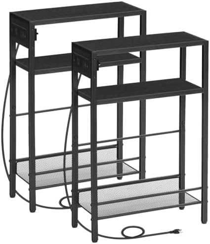 HOOBRO Small Narrow Side Table with Charging Station Set of 2, Skinny End Table for Small Spaces, Slim Nightstand with USB Ports Outlet, Sofa Beside Table with Storage Shelf BB102UBZP201