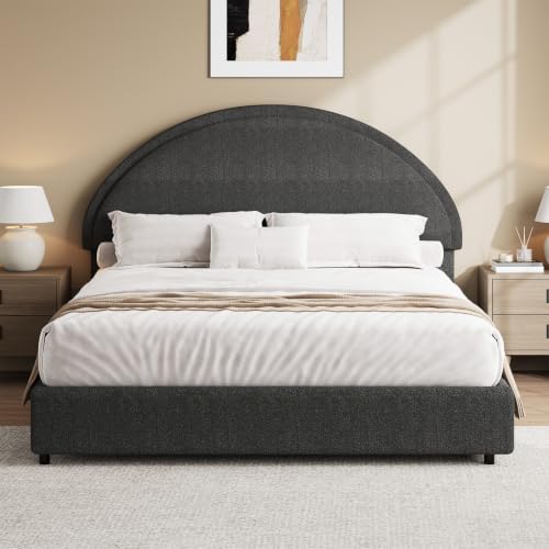 REVOMINCA Full Size Bed Frame, Upholstered Platform Bed with Headboard, Boucle Bed Frame with Round Corner, No Box Spring Required, Easy Assembly, Dark Grey