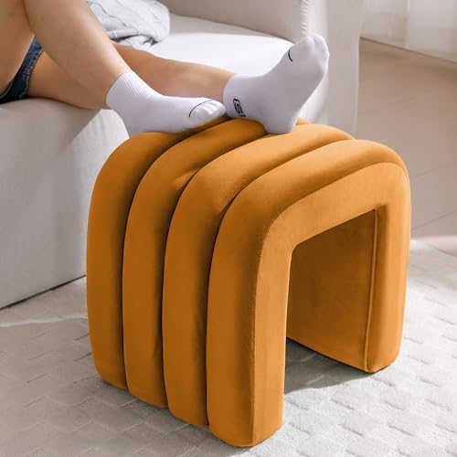 Cognac Velvet Ottoman Stool, Backless Vanity Stool, Ottoman Chair