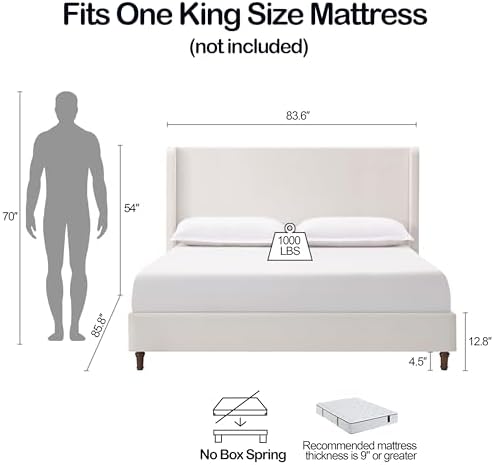 King 54" Tall Headboard Wingback Upholstered Platform Bed Frame Simplicity Chenille for Kids Teens Adults Bedroom Strong Wood Slats Support No Box Spring Needed Easy Assembly Cream White