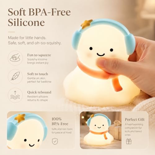Snow Baby Night Light for Kids, Silicone Squishy Lamp, 3-Level Dimmable Touch Bedside Light, USB Rechargeable Nursery Lamp for Baby Bedroom, Birthday Christmas Gift