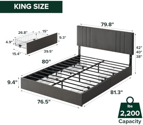 Zinus Billie Platform Bed Frame, Four Underbed Storage Drawers, King