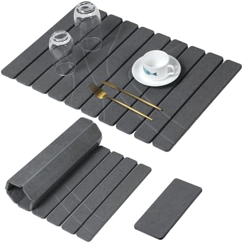 Large Stone Dish Drying Mat for Kitchen Counter,2 PCS Quick Dry Stone Mats,Foldable Water Absorbing Diatomaceous Drying Pad for Countertop Bottles Utensils Cups (Flow Line Dark Gray 24"x16" & 8"x4")