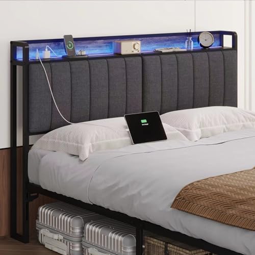 Queen Headboard Only with Storage & Outlets,Bed Headboard Queen Size,Gray