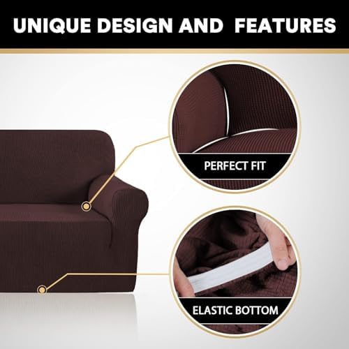 PrinceDeco Stretch Sofa Cover Slipcover Couch Covers for 3 Cushion Couch Furniture Protector Sofa Covers with Non Slip Elastic Bottom Dogs Pet Friendly Fitted(Large Sofa 90"-100",Brown)