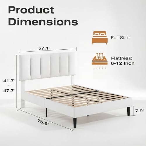 VECELO Full Size Bed Frame with Upholstered Headboard, Pure White