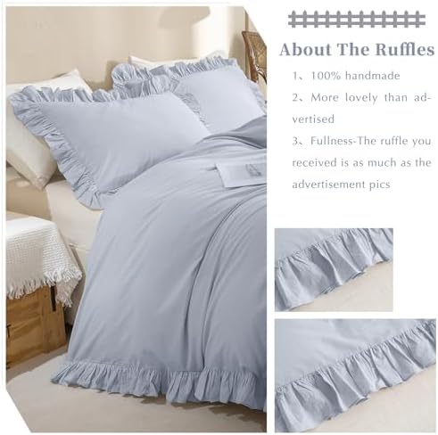Ruffle Duvet Cover Queen Size Washed Cotton,3pc Linen Feel Farmhouse Shabby Vintage Ruffled Bedding Set French Country Rustic Cornflower Blue Comforter Cover Aesthetic Soft Quilt Cover Set
