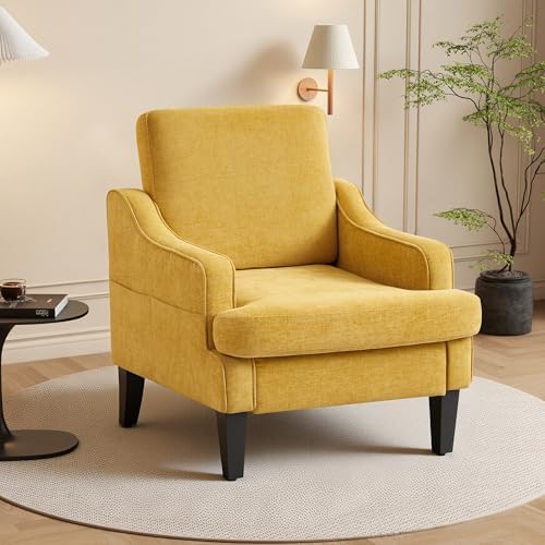 Accent Chair for Living Room,Mid-Century Arm Chair Chenille Fabric Living Room Chairs,Upholstered Reading Chair for Bedroom,Single Sofa Chair with Wood Legs for Apartment (Yellow)