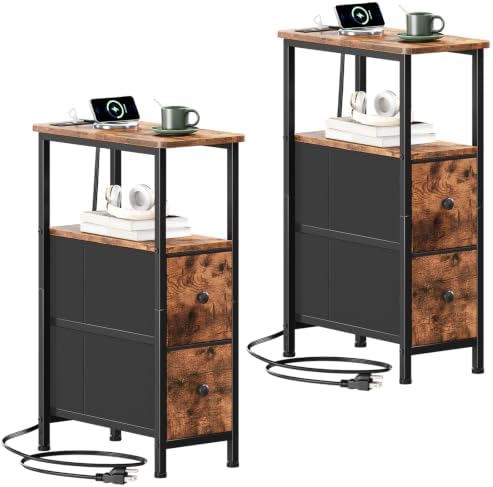 Somdot Narrow End Table Set of 2, Charging Station, Side Table, 2 Drawers